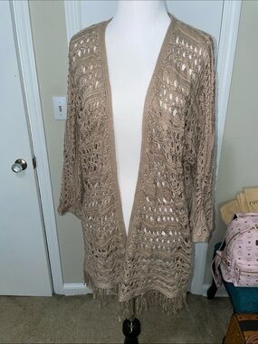 Beige Open-Knit crochet Fringe Cardigan Sweater